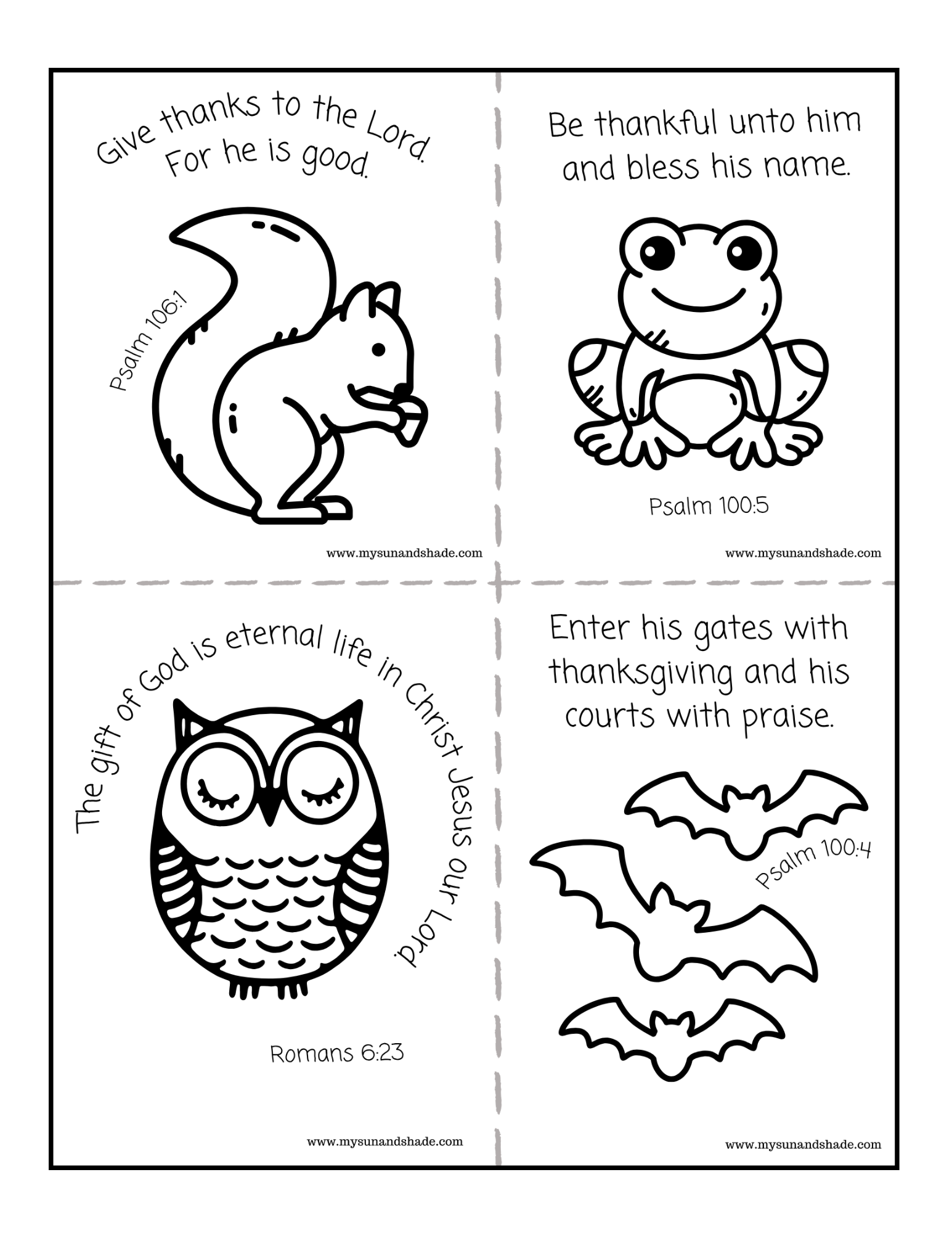 Black and white illustrations of fall forest animals, such as an owl, squirrel, bats, and a frog enjoying the fall season