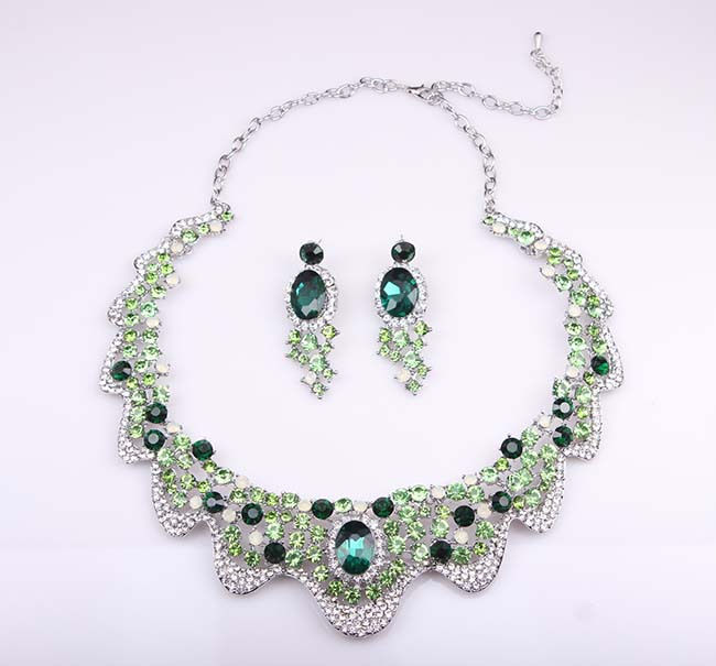 Thumbnail: Luxury Green Crystal Short Necklace and Earring Set