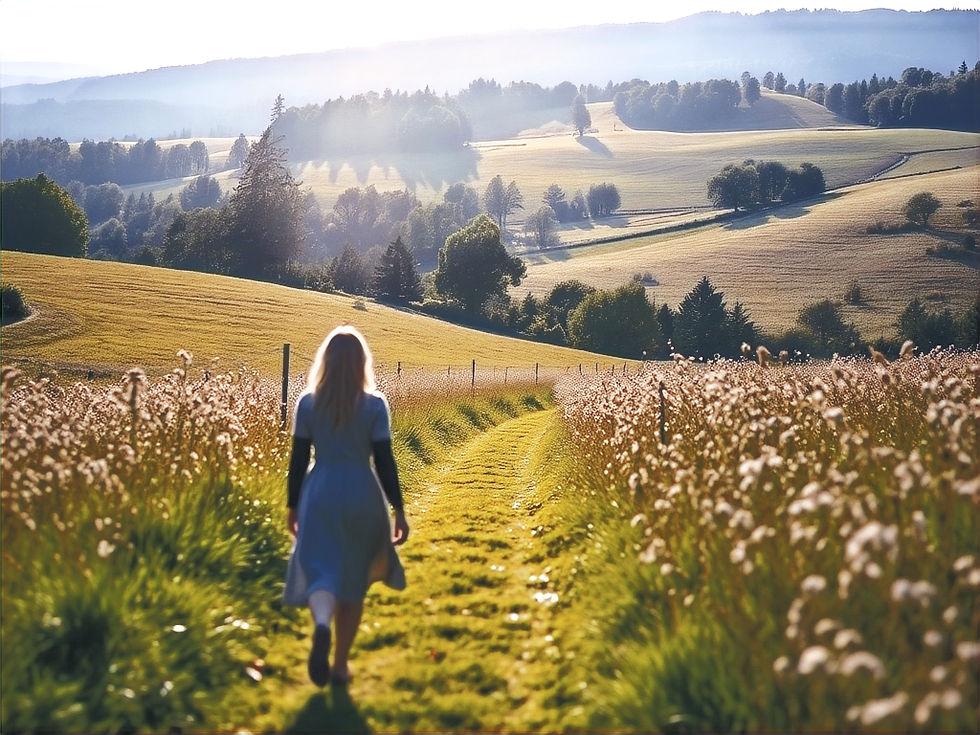 one person walking in the countryside away from the camera in sunshine- artistic _edited_