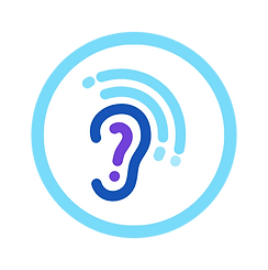 Ear logo with sound waves and question mark representing hearing concerns.