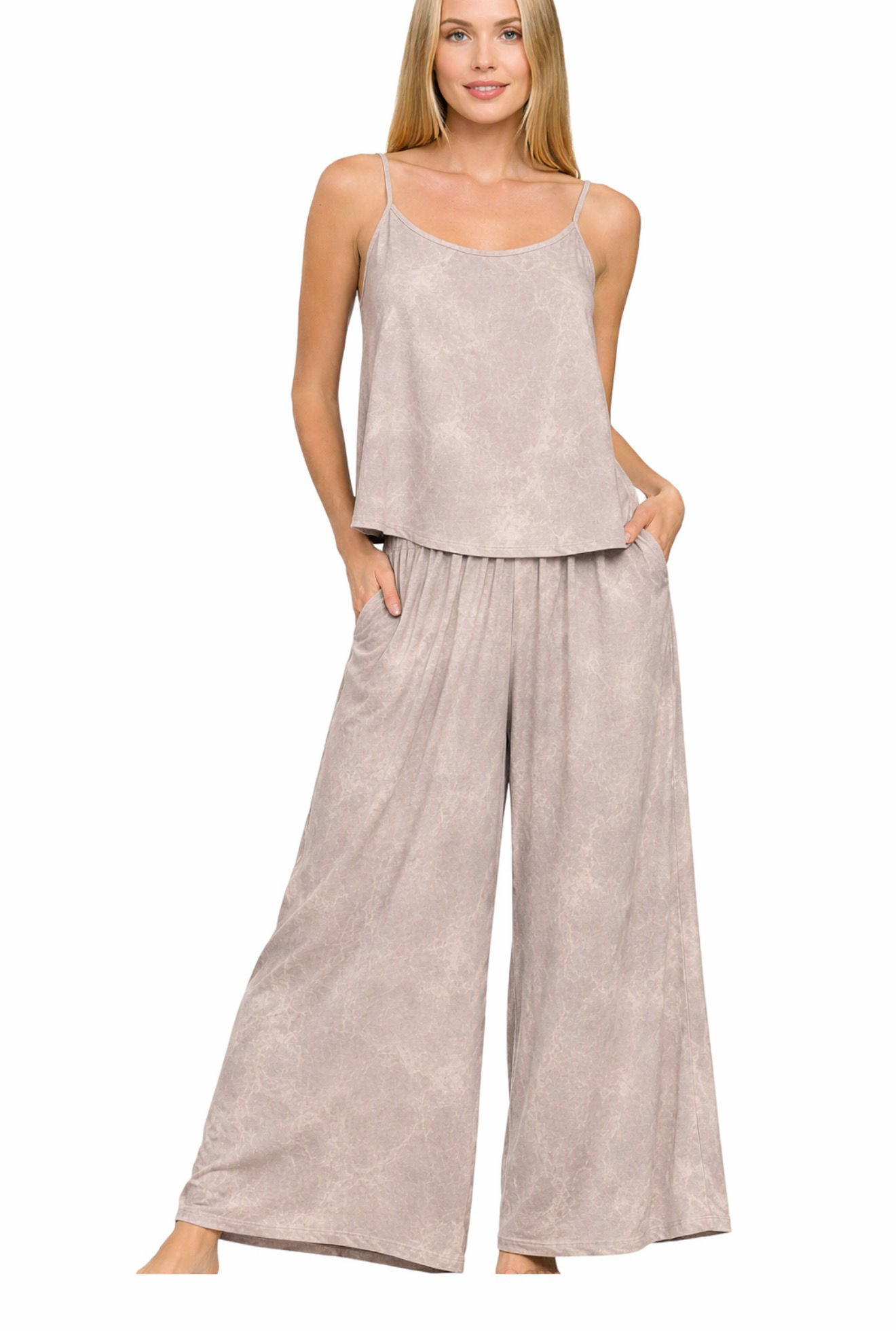 Zenana Wide-Leg Spaghetti Strap 2 Piece Set Ash Mocha Acid Wash