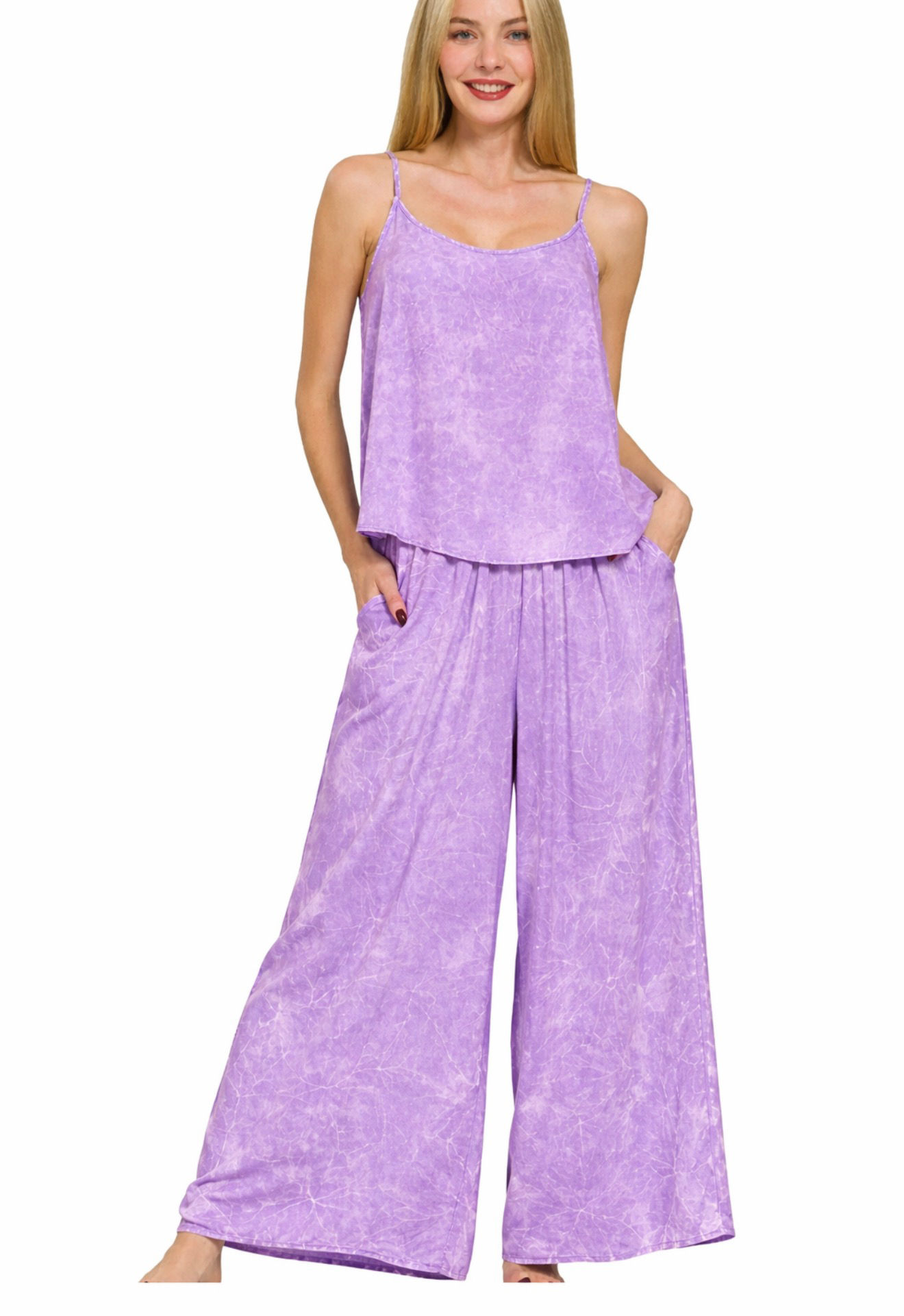 Zenana Wide-Leg Spaghetti Strap 2 Piece Set Lilac Purple Acid Wash