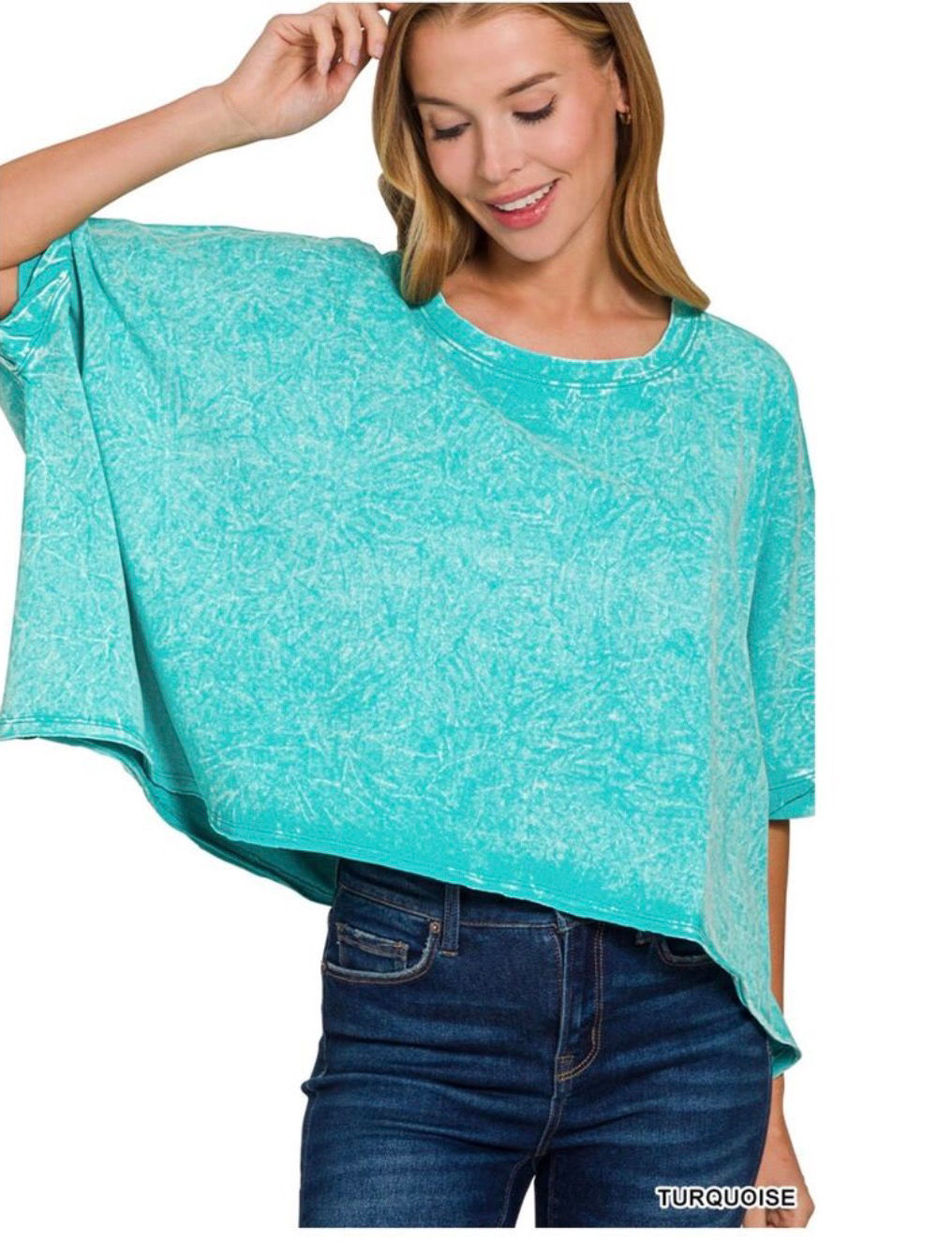 Zenana Acid Wash Boxy Oversized Tee Turquoise