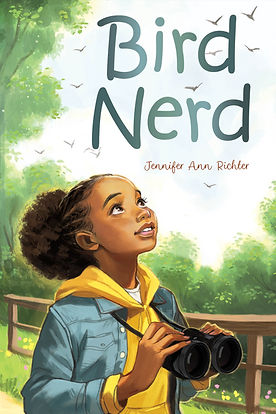 A book cover featuring a brown-skinned girl holding binoculars while gazing up into the trees.
