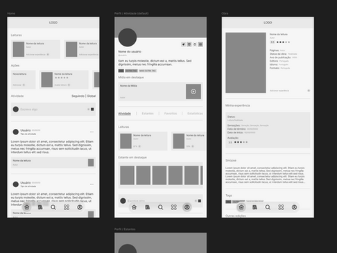 Wireframes de média fidelidade de um aplicativo