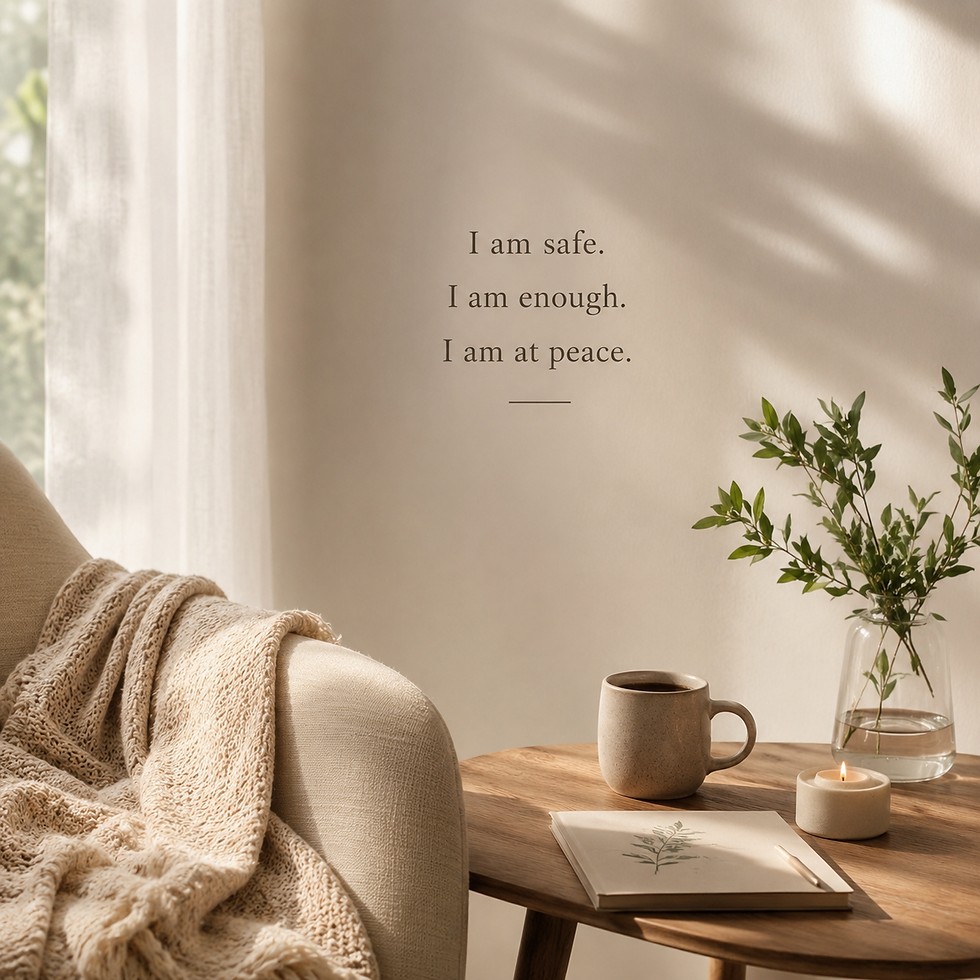 Peaceful calming space representing inner safety, emotional healing, nervous system regulation, and self-reflection.