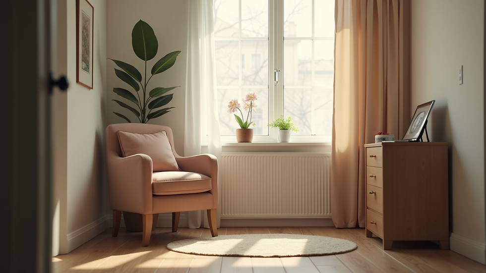 Eye-level view of a cozy counseling office with a comfortable chair and soft lighting