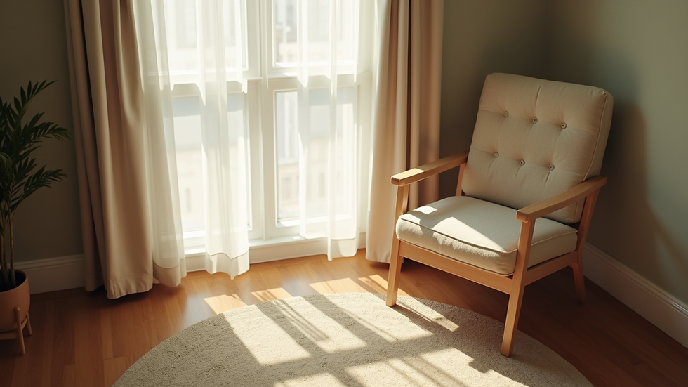 High angle view of a calm room with soft lighting and a comfortable chair