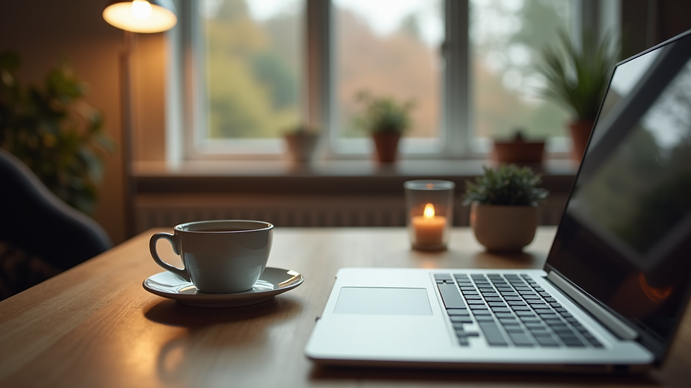 Eye-level view of a cozy home office setup with a laptop and a cup of tea