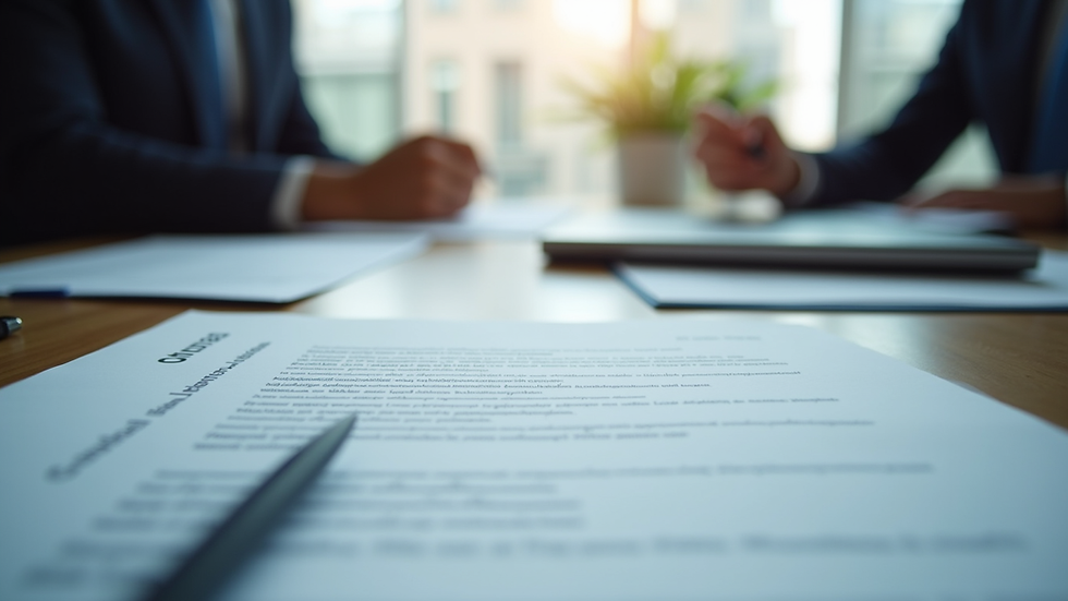 Eye-level view of a business meeting with compliance documents on the table