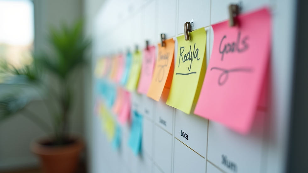 Close-up view of a calendar with colorful sticky notes marking daily goals