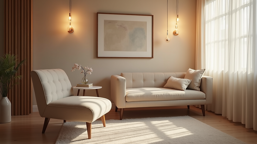 Eye-level view of a cozy therapy room with comfortable seating