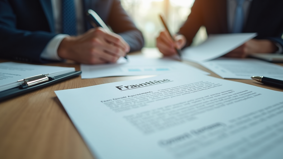 Close-up view of a business meeting discussing franchise agreement documents