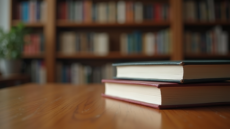 Eye-level view of legal books on a wooden desk