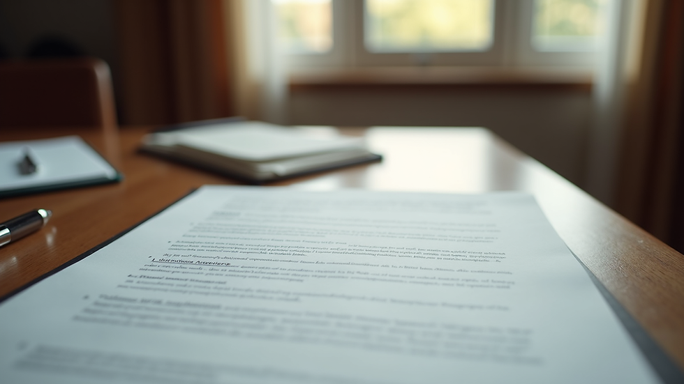 Eye-level view of a legal contract document on a wooden desk