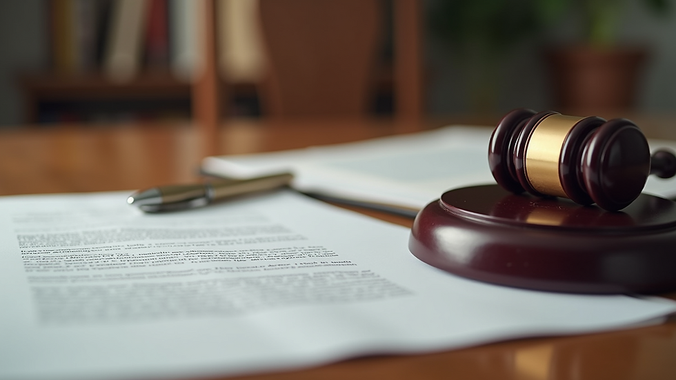 Close-up view of legal documents and a gavel on a wooden desk