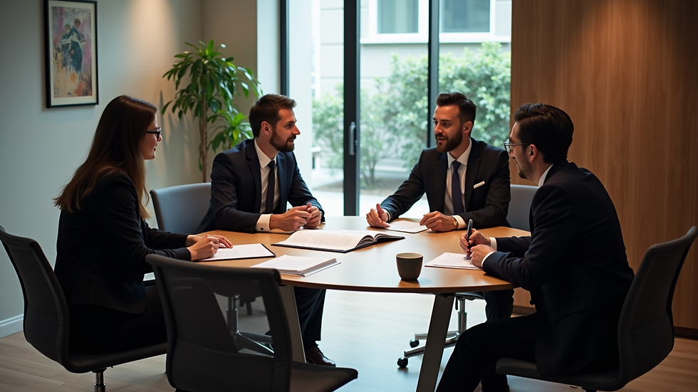 High angle view of a legal team discussing case files in a conference room