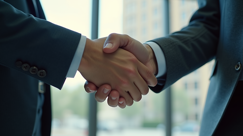 Close-up view of handshake between two business partners in an office