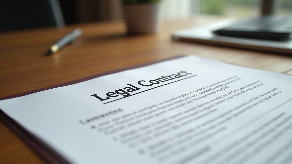 Eye-level view of a legal contract document on a wooden desk