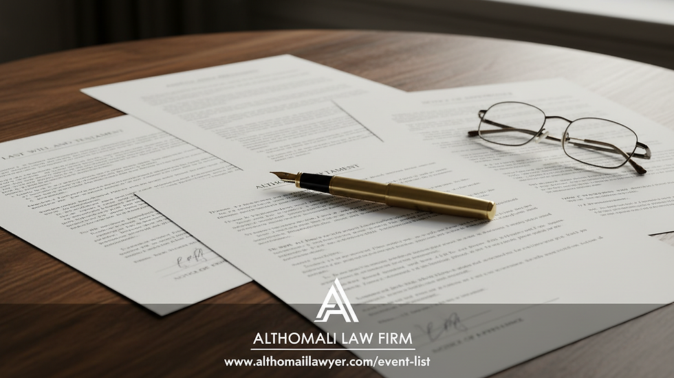 Close-up view of legal documents and a pen on a wooden table