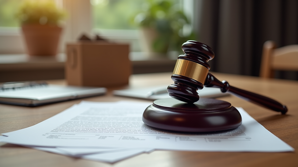 Eye-level view of legal documents and a gavel on a wooden desk