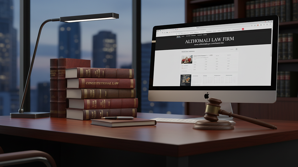 Eye-level view of a legal office desk with law books and a gavel