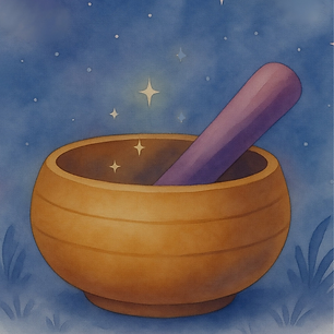 Watercolor illustration of a singing bowl with a wooden striker.