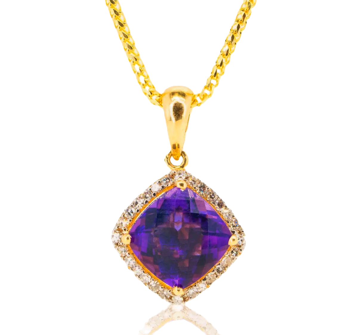 10K Yellow Gold Cushion Cut Amethyst Pendant With Diamond Bezel with 18" Chain