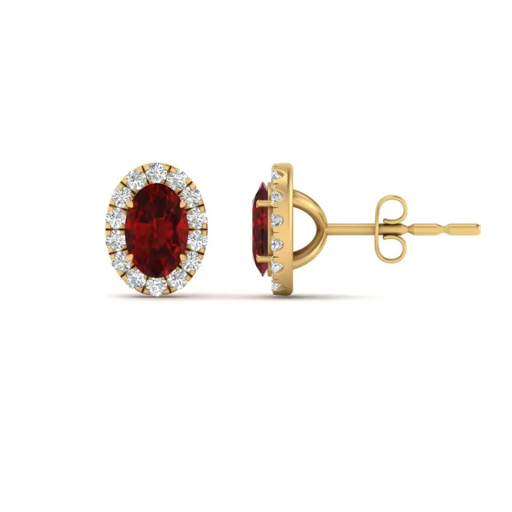 10K Yellow Gold Oval Ruby Earrings With Diamond Halo