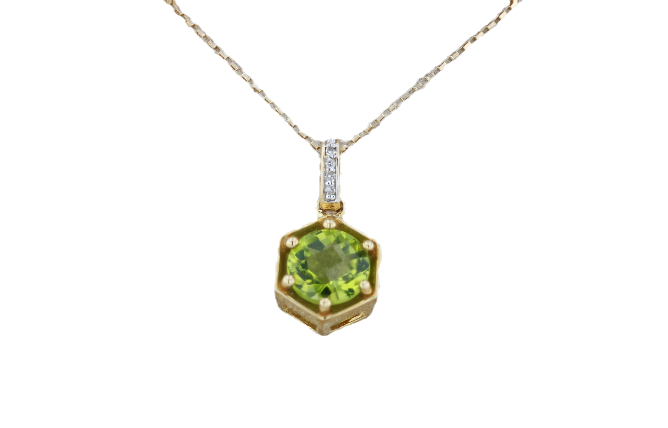 10K Yellow Gold Round Cut Peridot With Hexagon Bezel with 18" Chain