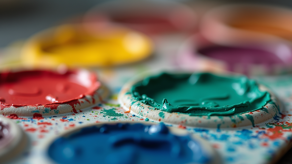Close-up view of colorful paint palette with vibrant hues ready for use