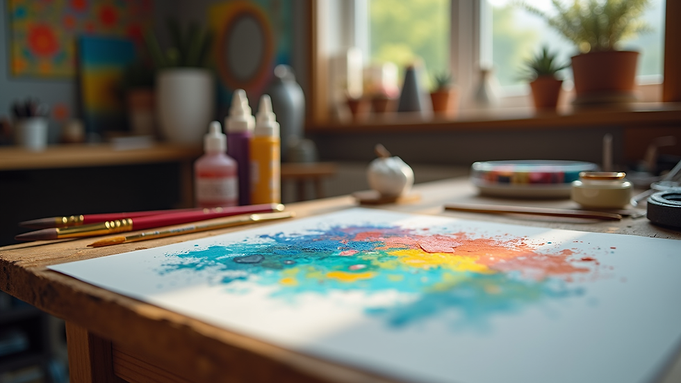 Eye-level view of a cozy art studio with colorful paints and brushes on a wooden table