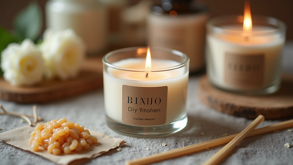 Close-up view of a DIY candle-making kit with wax, wicks, and fragrance oils
