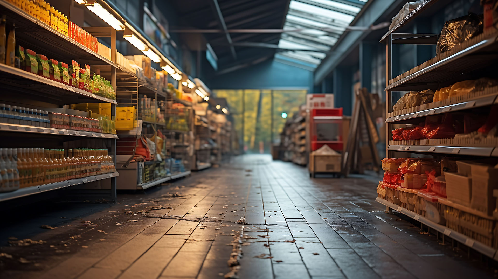 Grocery store floor showing spills and food