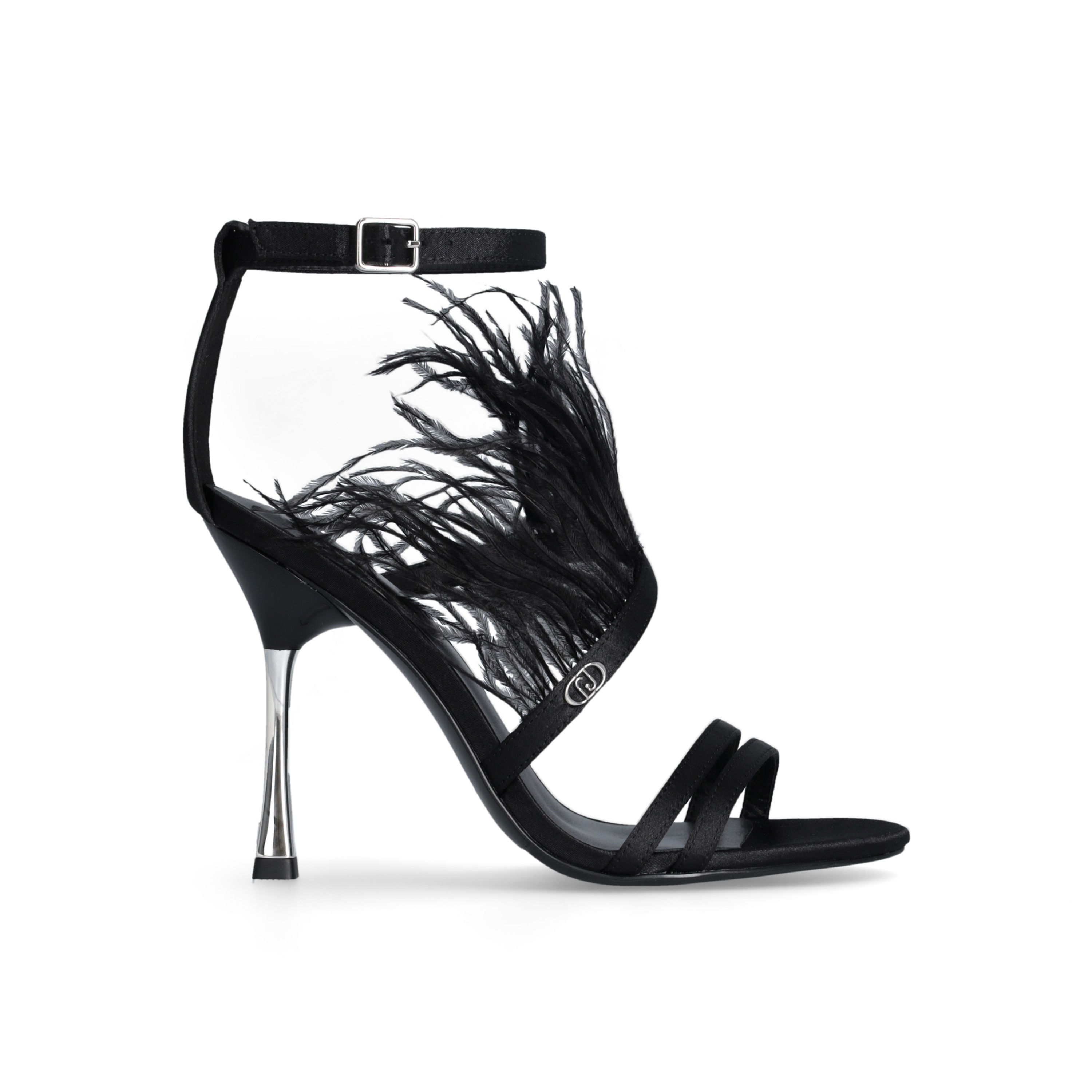 Liu Jo Women's Black Satin High Heeled Sandals with Feathers Side View