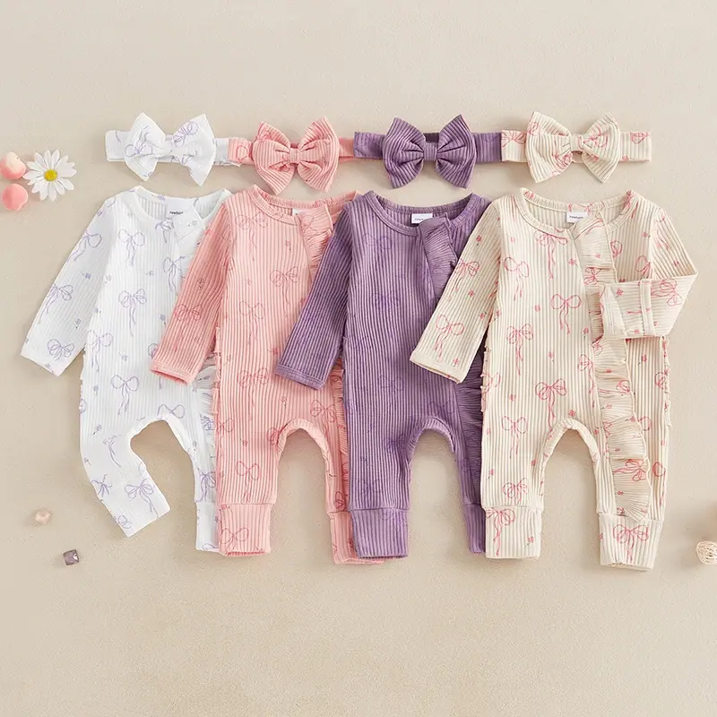 Roupa infantil de bebê menina com estampa de laço, manga longa, babados, zípe