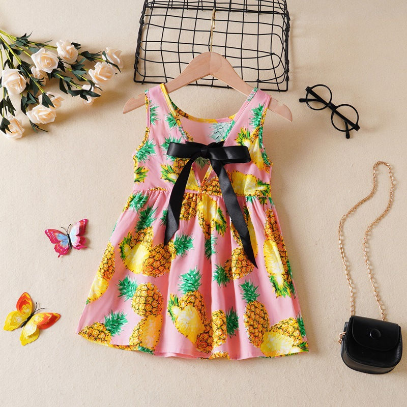 Miniatura: Vestido Infantil Sem Mangas com Estampa e Cordão, Estilo Coreano, para Meninas,