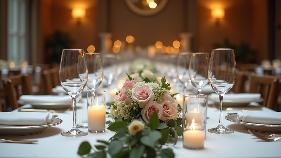 Eye-level view of a beautifully arranged wedding reception table