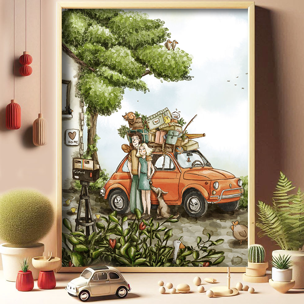 Illustrazione ad acquerello di una coppia accanto a una Fiat 500 arancione carica di valigie, scatole e piante.