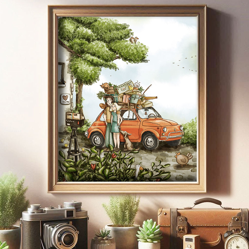 Illustrazione ad acquerello di una coppia accanto a una Fiat 500 arancione carica di valigie, scatole e piante.