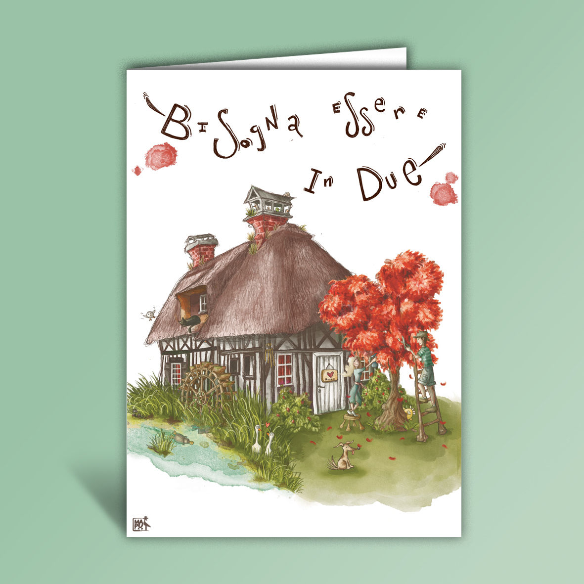 Biglietto di auguri con casetta e albero rosso e due innamorati che lavorano insieme in stile acquerello