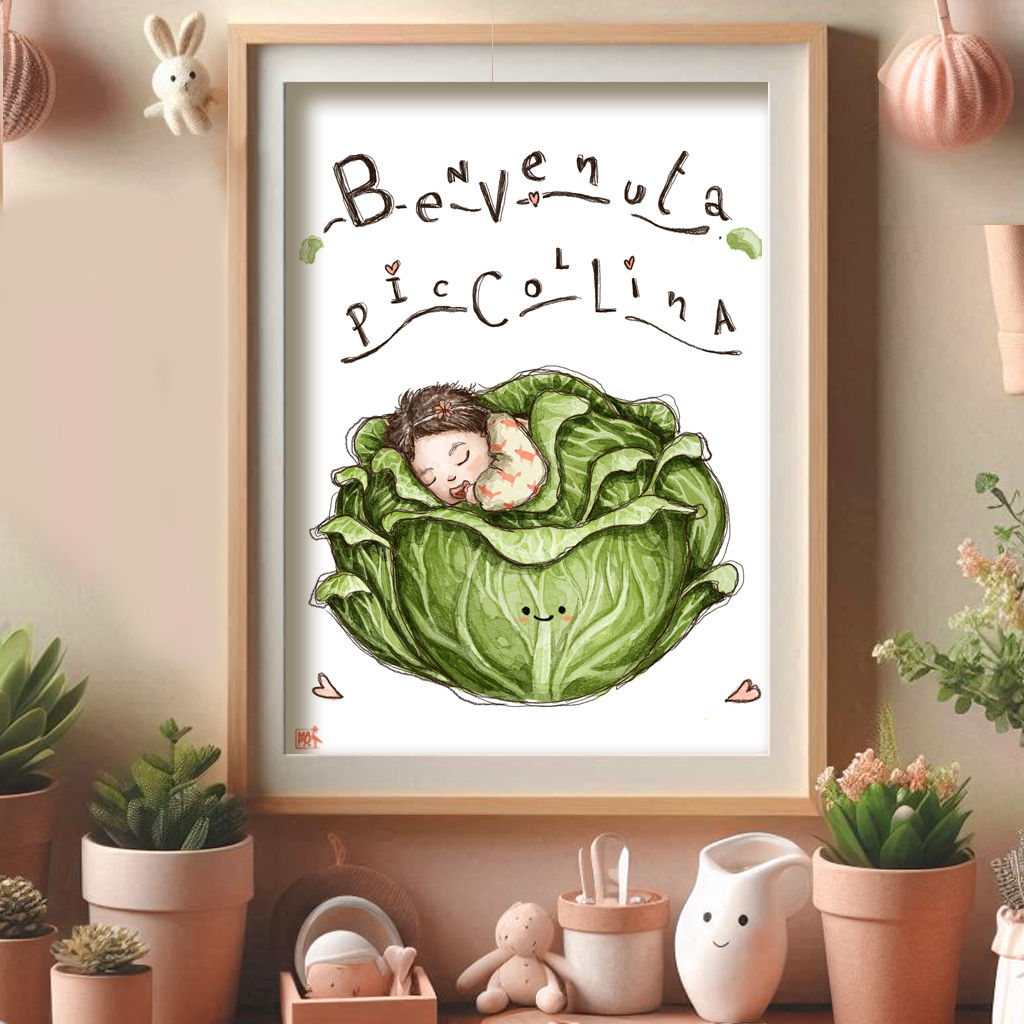 Illustrazione di una neonata che dorme dentro un cavolo verde, stampa perfetta come regalo per nascita bambino o bambina.