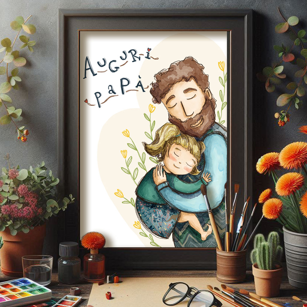 Illustrazione di un papà che abbraccia la sua bambina, stampa perfetta come regalo per la Festa del Papà.