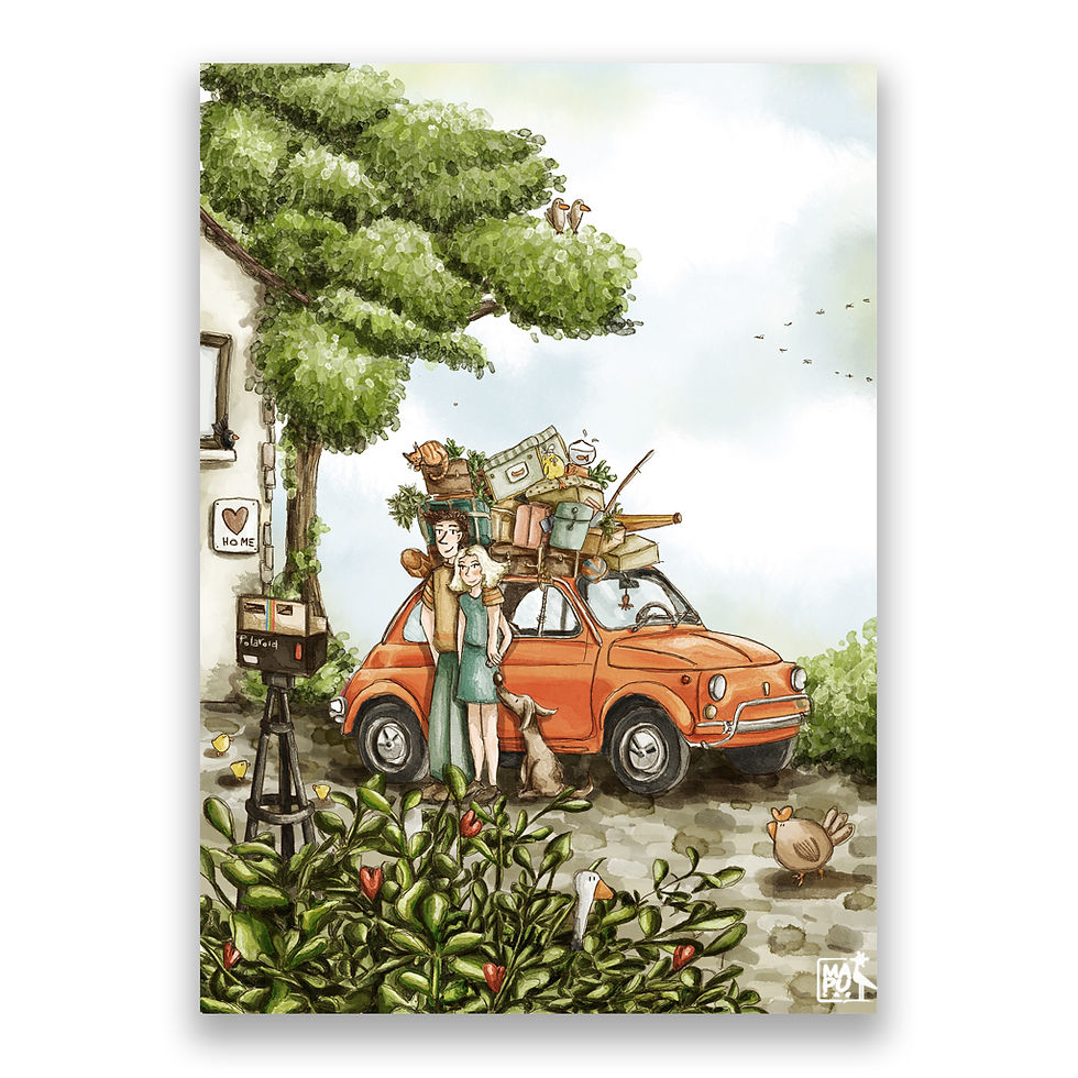 Stampa illustrata romantica con Fiat 500 vintage, coppia, bagagli sul tetto e atmosfera da trasloco o partenza per le vacanze
