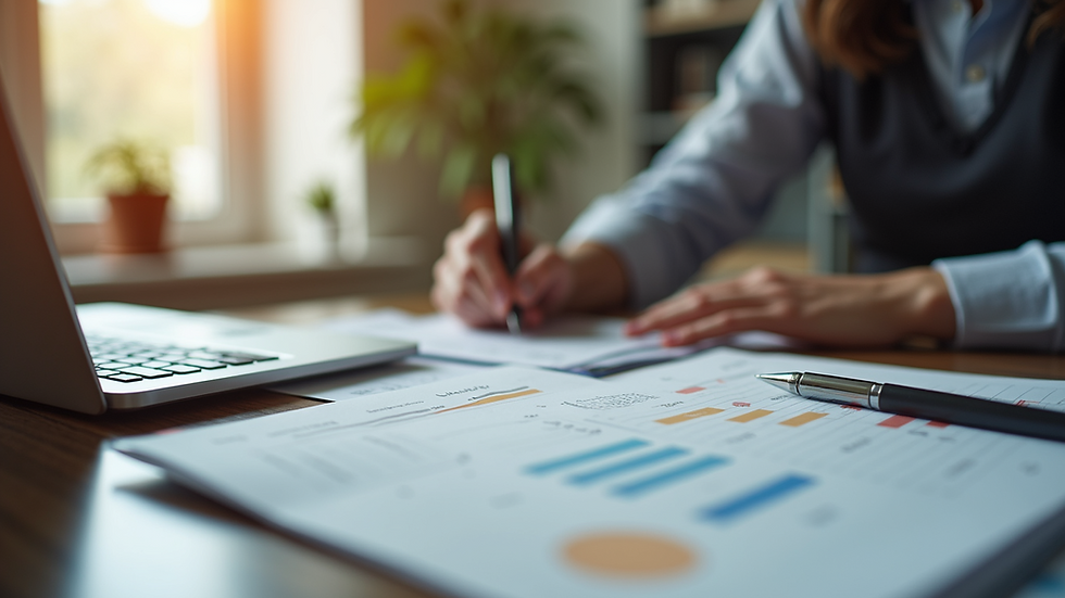 High angle view of a small business office with a calendar and financial documents