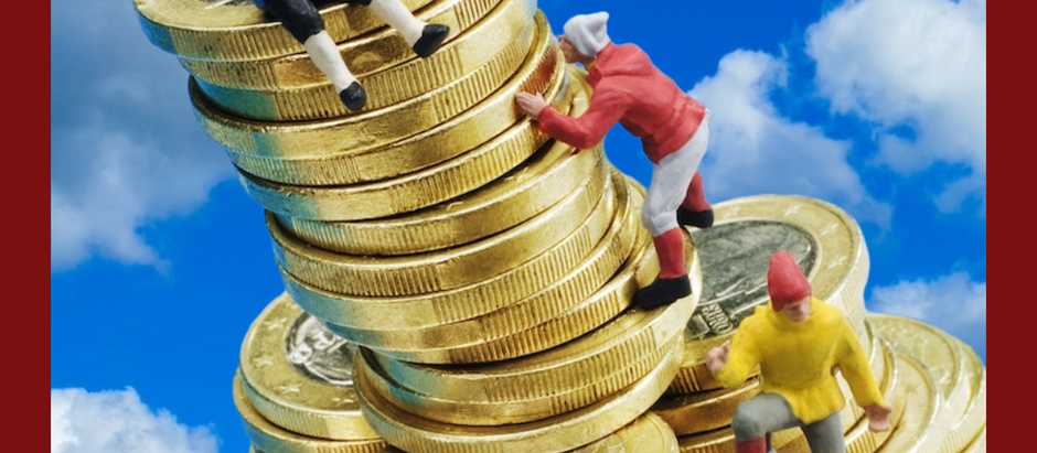Borrowers climbing stacks of gold coins