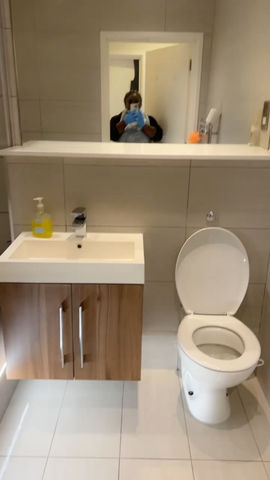 A bathroom with a toilet seat and a sink