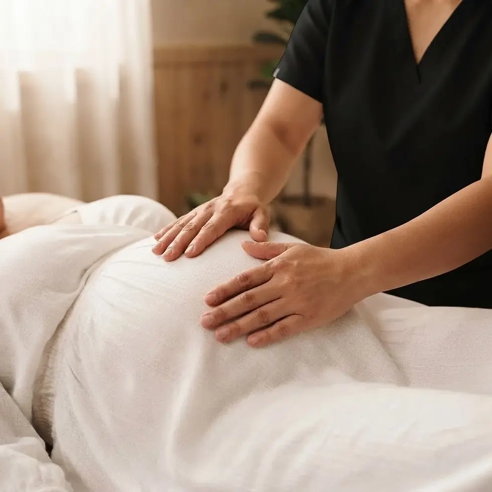 Studio photography of a pregnant belly receiving a gentle massage. The scene evokes a sense of calm and nurturing care.