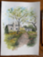 Watercolour of Murray Edwards College , Cambridge.and Darwin's gardens