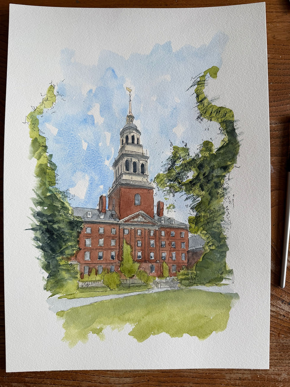 Watercolour of Lowell House, Harvard. Cambridge, Massachusetts,